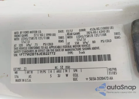 2018 Ford F-250 Xl из США, поврежденный, VIN 1FT7W2BT8JEB22772